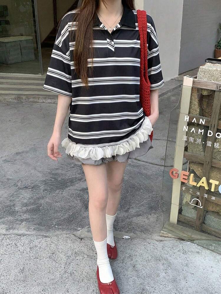 Spring & Summer Faux Two Pieces Chiffon Lace Patchwork Striped Contrast Color Polo Shirt, Casual Streetwear Vacation Style Short Sleeve T-Shirt For Women