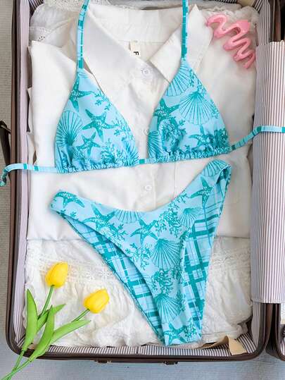 Swim Mod Bộ bikini hai mặt màu xanh bạc hà kẻ caro in hình sinh vật biển, mẫu mới Xuân/Hè 2026, thời trang, tôn dáng, dễ thương, thanh lịch, gợi cảm, phong cách rock Y2K, thích hợp cho bãi biển, tiệc bãi biển, bóng chuyền bãi biển, lễ hội âm nhạc, hẹn hò trên bãi biển, hộp đêm.