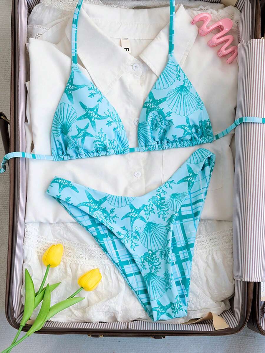Swim Mod 2026春夏新款双面薄荷蓝格子比基尼泳裤,饰以海洋生物印花,时尚显瘦、可爱优雅、性感休闲摇滚Y2K风格,适合海滩、沙滩派对、沙滩排球、音乐节、海滩约会、夜店等场合。 - 薄荷綠 - 查看 1