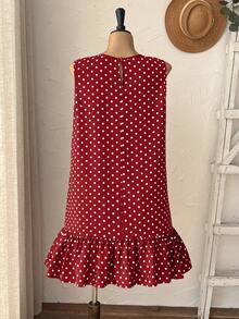 EMERY ROSE Plus Size Round Neck Sleeveless Polka Dot Red And White,Summer,Casual,Vacation,Holiday Ruffle Hem Dress For Women,Spring Beach Festival Outfits - Burgundy - View 2