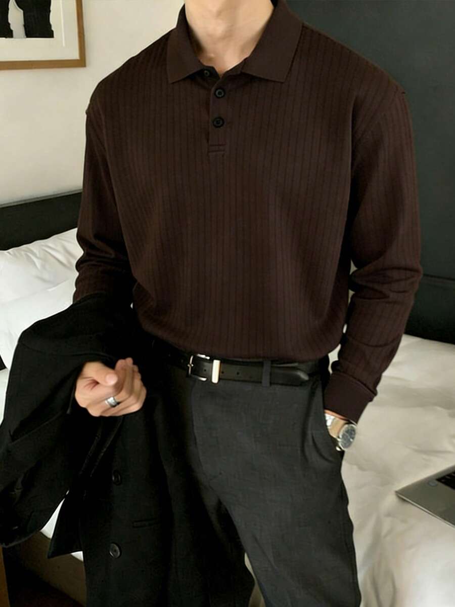 Claim Dot Men's Casual Solid Color Button-Up Polo Shirt - Coffee Brown - View 1