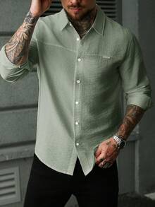 Manfinity CasualCool Men's Solid Color Minimalist Textured Front Button Long Sleeve Casual Shirt - Green - View 6