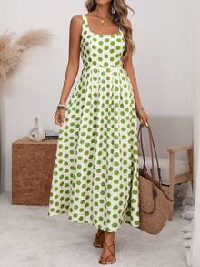 Florisole 女士U领宽肩带收腰褶裥露背可调节弹力A字中长连衣裙，浪漫大波点，优雅法式复古简约风，适合办公室、通勤、商务、休闲、海滩、春夏等场合。 - 綠色 - 查看 5