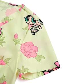 PopScrub THE POWERPUFF GIRLS X SHEIN Women's Light Yellow Rose Floral All-Over Print V-Neck Nurse Uniform - Multicolor - View 7