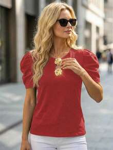 Editum Petal Sleeve Round Neck Tee Red Blouse - Red - View 4