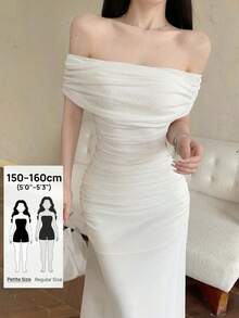 Modelyn Petite Vestido elegante de boda/ocasión con hombros descubiertos, cintura fruncida y malla blanca para mujer - Blanco - Ver 1