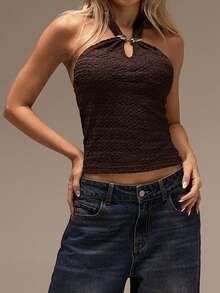 SHEIN Forever 21 Top halter para vacaciones en la playa, ferias del Renacimiento, conciertos country, graduación, salidas, festivales de música, aeropuerto, Pascua, estilo bohemio para mujeres - Café integral - Ver 5