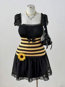 Sunspun Plus Size Women's Summer Vacation Style Colorblock Striped Print Ruffle Collar Cap Sleeve Tie Waist Sunflower Patch Decor Dress Black And Gold Cute - Yellow - View 1