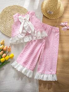 Emery Rose Kids 2件套少女撞色格纹荷叶边休闲背心和裤子套装 - 彩色 - 查看 2