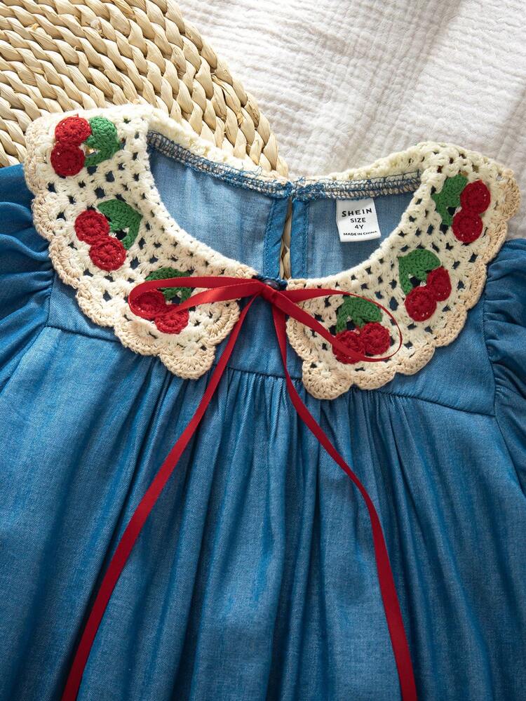 Young Girl Woven Solid Color Puff Sleeve Casual Dress - Multicolor - View 8