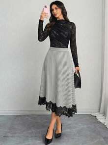 Modelyn Black & White Striped Ruffle Hem Asymmetric Hem Versatile Draping Women's Elegant Skirt - Black and White - View 4