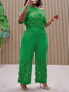 Slaydiva Conjunto de dos piezas de talla grande con bordado floral y hombros descubiertos, ligero y elegante para ocasiones festivas - Verde - Ver 6