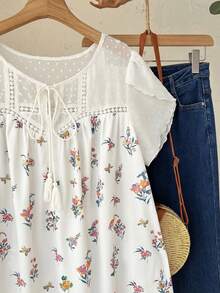 Rusticease 大码女式春季休闲度假印花花瓣袖衬衫 - 白色 - 查看 6