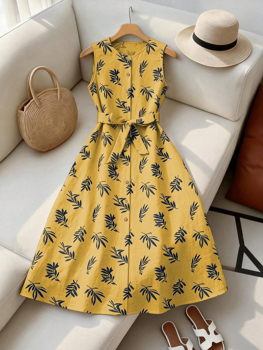 SHEIN Franclia 女士植物印花无袖圆领连衣裙