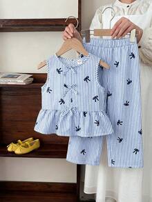 Emery Rose Kids Emery Rose Kids 两件套少女格子圆领修身休闲上衣和宽松休闲裤套装 - 藍色 - 查看 4