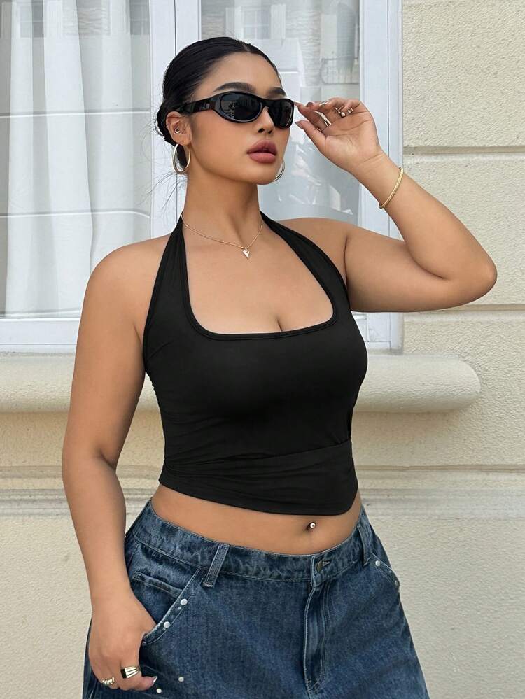 Dazy Plus Backless Spaghetti Strap Casual Camisole Top, Loose Fit Plus Size For Spring/Summer