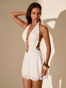 SHEIN Glamour Đầm trắng gợi cảm cổ chữ V không tay hở lưng xếp ly, đầm thanh lịch, đầm dạ hội, trang phục dự tiệc, thời trang đường phố, trang phục đi xem hòa nhạc, trang phục đi club, trang phục hẹn hò, trang phục sinh nhật cho nữ, trang phục không thể thiếu cho các bữa tiệc, đầm Valentine, đầm năm mới, đầm dự tiệc cưới. - trắng - Xem 4