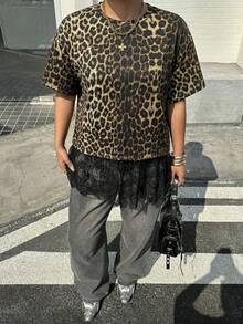 Muchica 休闲简约豹纹不对称下摆荷叶边宽松圆领短袖T恤，适合夏季和音乐节穿着。 - 彩色 - 查看 5