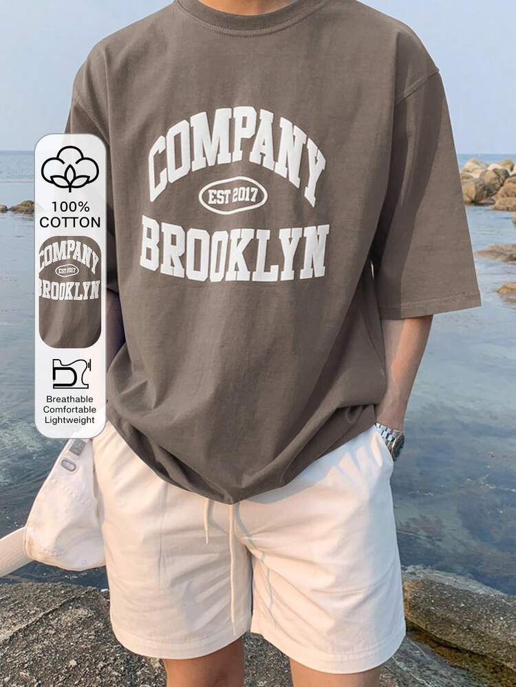 Men's Letter Print Drop Shoulder Short Sleeve Oversized T-Shirt,Fall Clothes