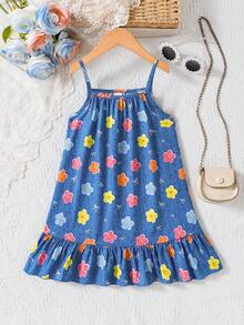 SHEIN Elladie kids 女童藍色丹寧風花朵蝴蝶結細肩帶洋裝，秋季仙女風家庭度假度假穿搭，數位印花荷葉邊夏季陽光洋裝 - 藍色 - 查看 6