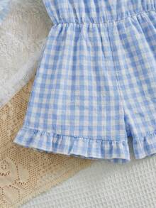 Baby Girl Ruffled Strap Romper, Comfortable Cute Sweet Suitable For Summer,Blue Gingham,Summer Jumpsuit For Baby Girl Summer Outfit Forbaby Girl Baby Girl Clothes Summer Baby Clothes Baby Girl Clothes 0 12 Months Baby Girl Clothes Girl Summer Outfit For Baby Girl - Blue and White - View 4