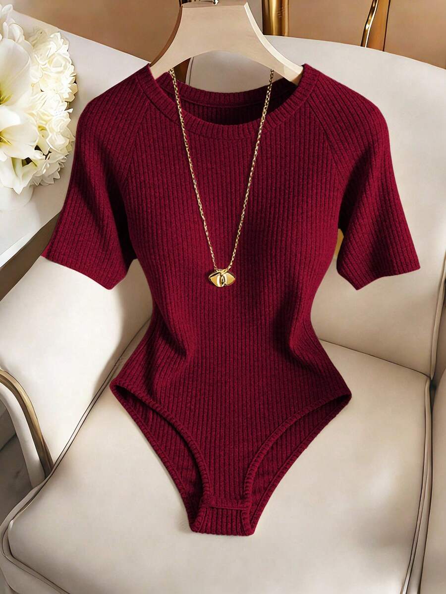 SHEIN Franclia Mono elegante para mujer, mono casual, mono de cuello redondo, mono de manga corta para uso diario - Burdeos - Ver 1