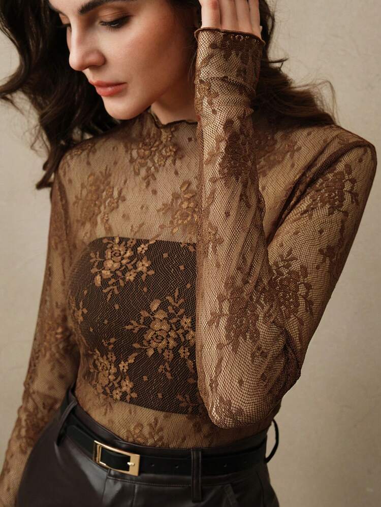 Women's Lace See-Through Sexy Thumb Hole Elegant Blouse, Suitable For Holiday Party