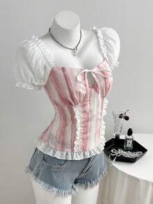 Elamini Áo sơ mi nữ thắt eo in họa tiết dễ thương, mới, thích hợp cho kỳ nghỉ thường ngày, đi làm, màu hồng nữ tính. - Hồng - Xem 3