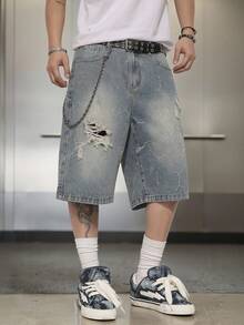 Manfinity EMRG 男士做旧斜插口袋宽松休闲牛仔短裤 - 淺色水洗藍 - 查看 6