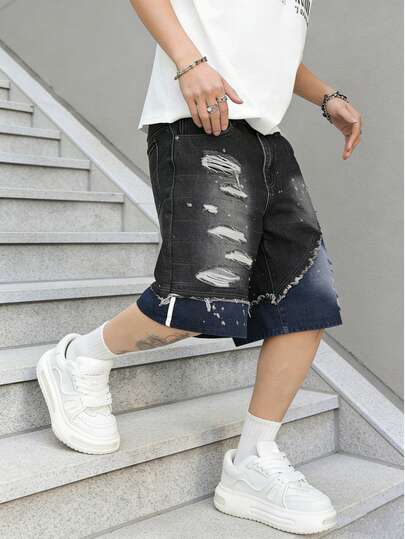 Manfinity EMRG 男士美式街头风撞色做旧牛仔短裤