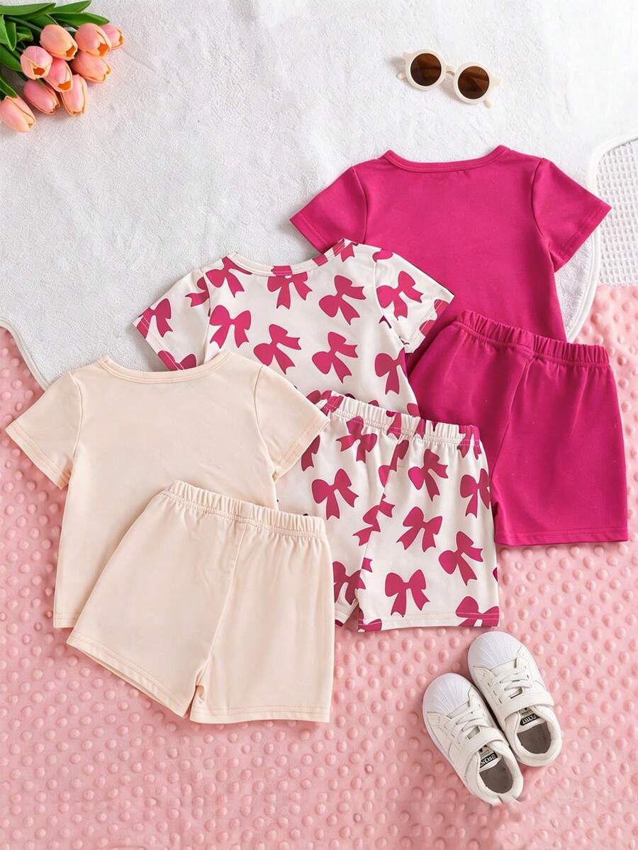 SHEIN 6件裝女嬰夏季可愛休閒簡約杏色黑色白色圓領短袖印花蝴蝶結T恤上衣搭配短褲套裝 3套 - 玫紅色 - 查看 1