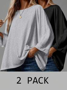 EMERY ROSE Plus Size Solid Color Casual Loose Fit Round Neck T-Shirt, Spring - Multicolor - View 1