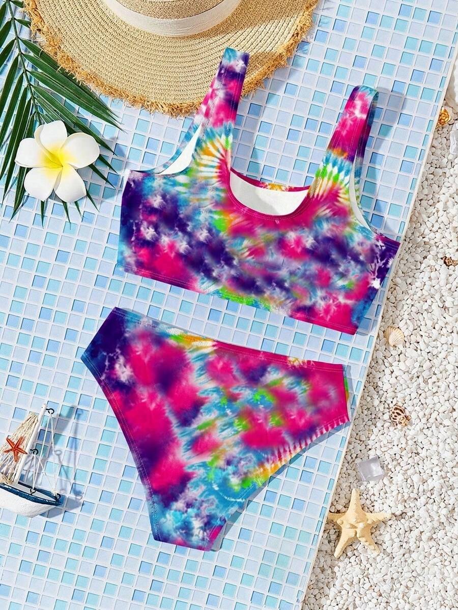SHEIN 青少年女孩休闲简约心形扎染图案短款上衣和下装泳衣套装，适合夏季 - 彩色 - 查看 1