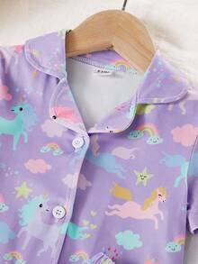 SHEIN 2件套女婴可爱彩色云朵、星星、独角兽印花短袖开衫上衣和短裤休闲舒适阻燃法兰绒睡衣套装 - 紫色 - 查看 3