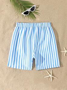 SHEIN Men's Swim Trunks,Blue And White Stripe Drawstring Swimwear Shorts For Summer,Casual Holiday Vacation,Tween Boy Light Blue Striped Swimming Shorts - Blue and White - View 2