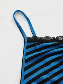 ROMWE Top sin mangas de verano con tirantes finos, parches de encaje y fruncidos, a rayas - Azul - Ver 3