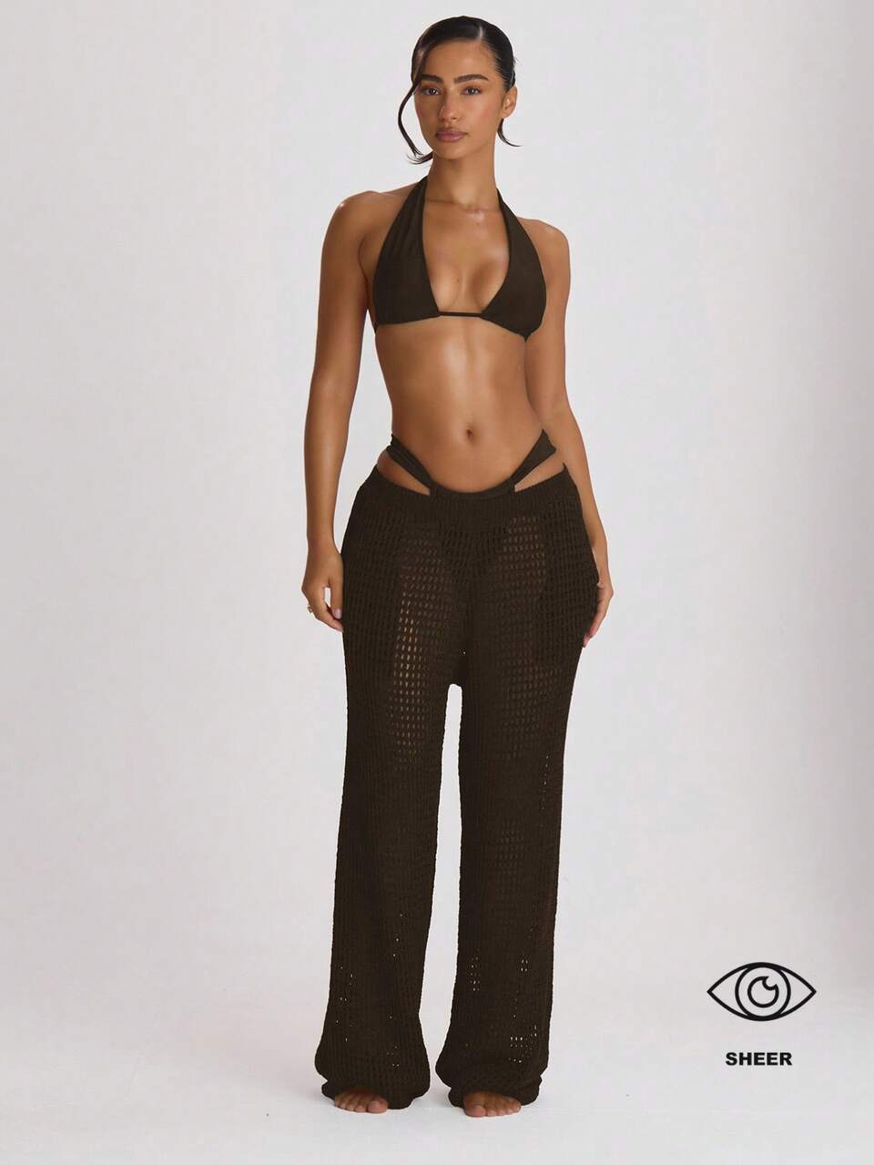 Chocolate Brown Crochet Knit Wide Leg Low Rise Cover Up Trousers