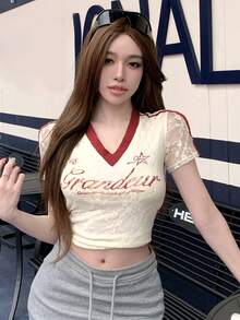 DAZY 女款蕾絲上衣，字母印花短版上衣，白色，夏季，牛仔風，圖案，城市度假，修身運動風網眼T恤，短袖，Y2K，休閒穿搭 - 白色 - 查看 5