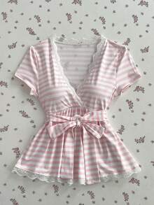 Elamini Camiseta de mujer con cuello en V, parches de encaje y lazo delantero para primavera/verano - Rosa - Ver 1