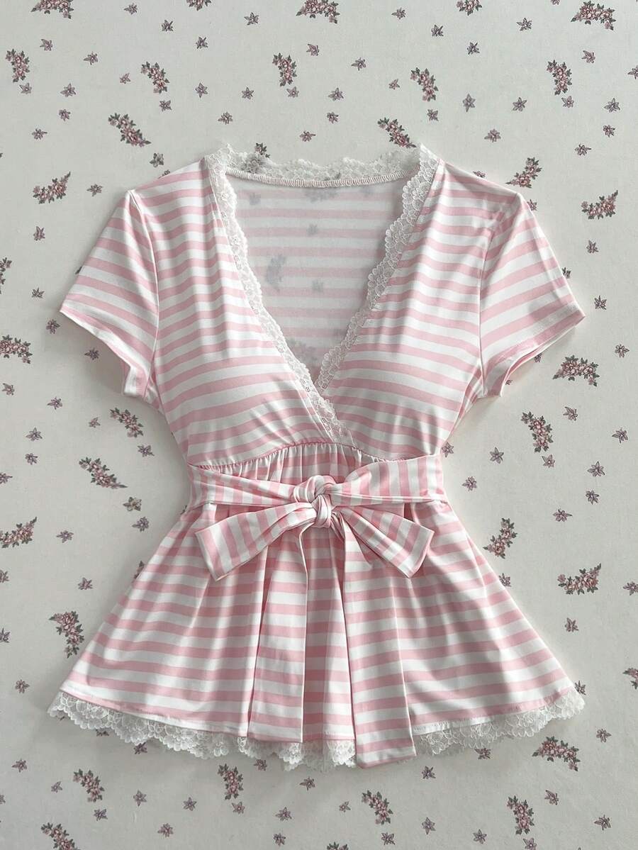 Elamini Camiseta de mujer con cuello en V, parches de encaje y lazo delantero para primavera/verano - Rosa - Ver 1