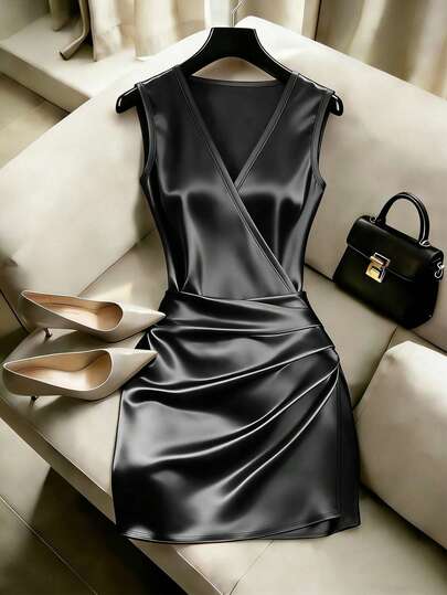 Franclia Đầm ôm sát không tay cổ chữ V thời trang, xếp ly eo, dáng bất đối xứng, đầm satin nữ, đầm xuân/hè nữ, đầm dự tiệc thanh lịch nữ, trang phục đi nghỉ mát nữ, trang phục ngày Valentine nữ, đầm màu nâu nữ, đầm gợi cảm nữ, đầm không tay nữ