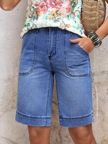 EMERY ROSE Plus Size Women Casual Versatile Denim Shorts With Pockets - Blue - View 5
