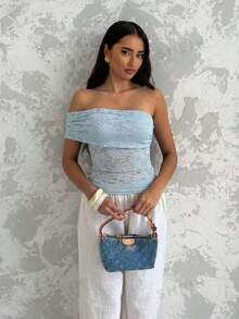 Glamine 女士夏季度假风，优雅不对称领口单肩褶皱修身蓝色蕾丝衬衫，无袖上衣 - 藍色 - 查看 5