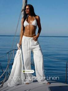 GLOWMODE 31英寸 100% 欧洲亚麻 Comfort Lane 不透明可调节抽绳腰带后袋阔腿裤 日常休闲夏季穿着 - 米色 - 查看 1