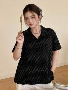 Dazy Plus Korean Style Polka Dot Print Polo Shirt Blouse Short Sleeve Black Plus Size Women Spring/Summer T-Shirt - Black - View 5