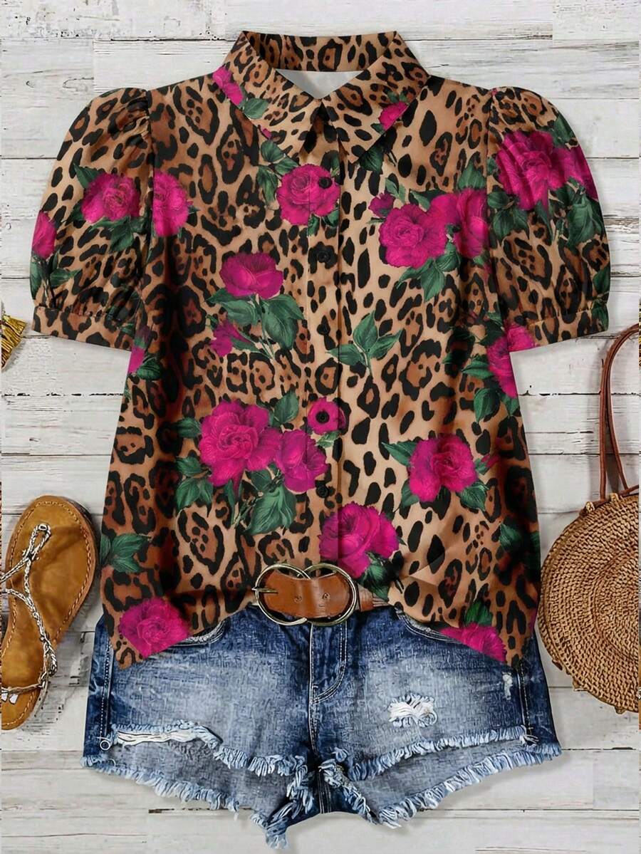 EMERY ROSE Plus Size Summer Casual Floral & Leopard All-Over Print Petal Sleeve Shirt - Multicolor - View 1