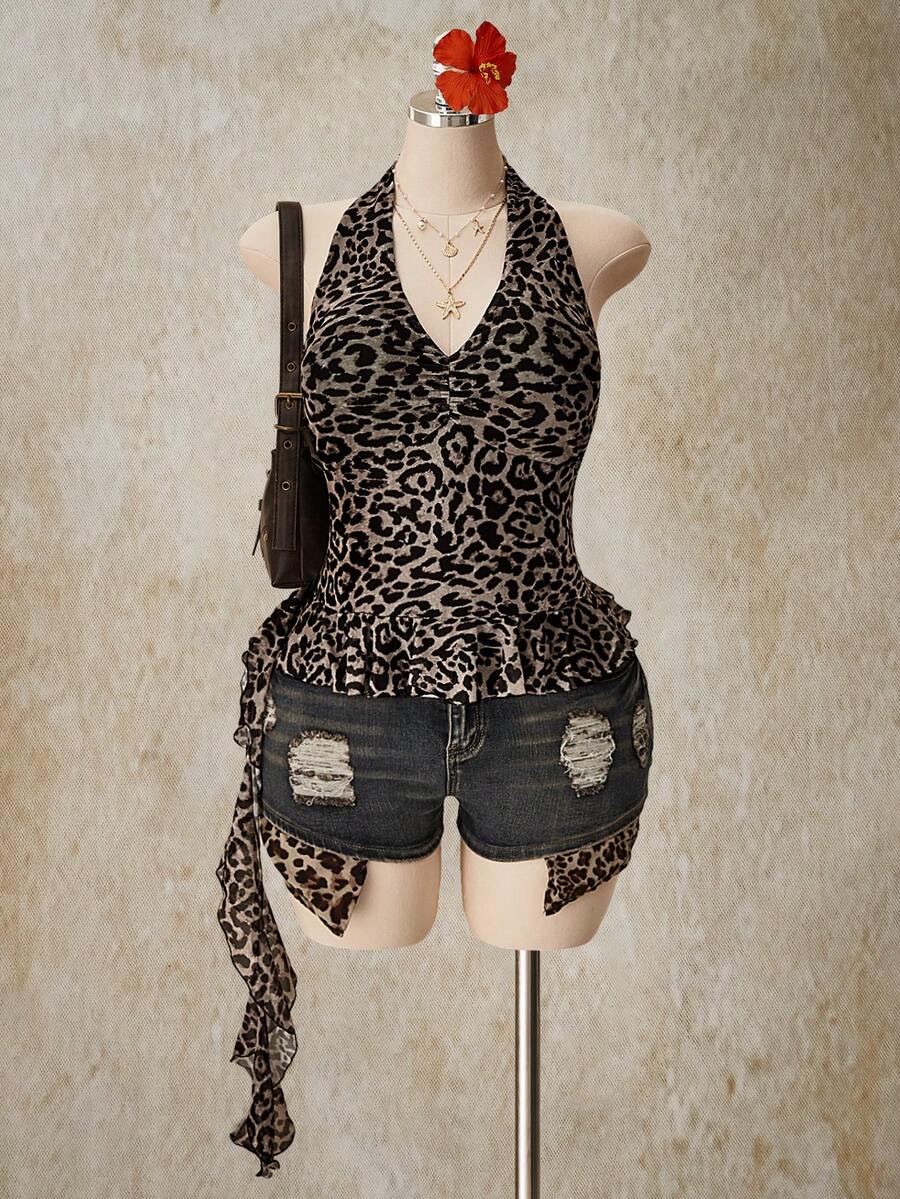 SHEIN ICON Plus Size Women's Retro Y2K Sexy Leopard Print Ruffle Hem Chest Pleated Halter Neck Tie Camisole - Multicolor - View 1