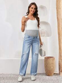SHEIN Maternity Distressed Light Blue Straight Leg Jeans,Women's Summer Smart Casual Everyday Denim Pants With Elastic Waistband And Ripped Details - Light Wash - View 5