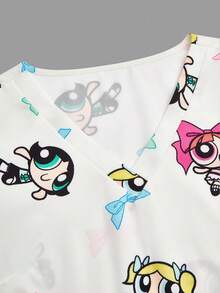 PopScrub THE POWERPUFF GIRLS X SHEIN 女士清新白色底彩色蝴蝶结印花V领手术服上衣 - 白色 - 查看 8