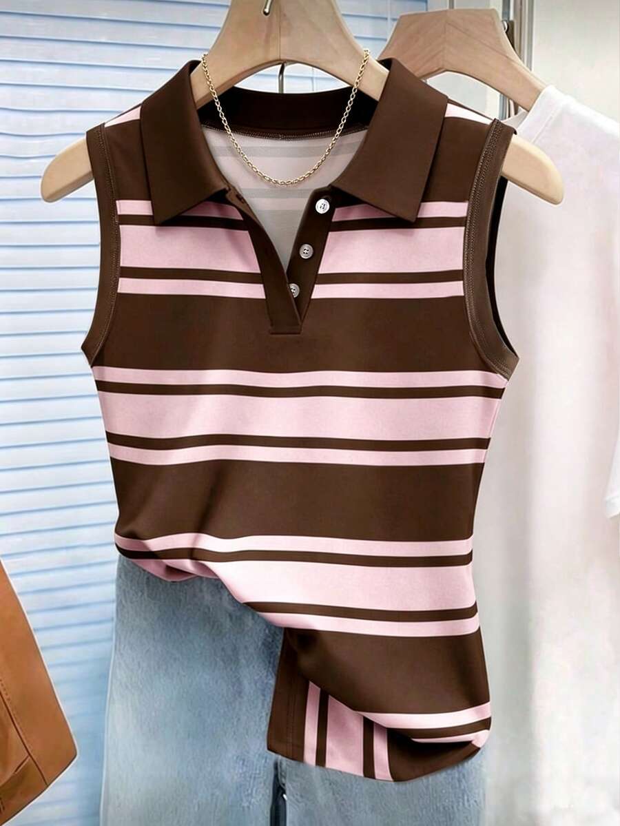 GlowEve Áo thun cổ polo kẻ sọc Maillard dành cho nữ, kiểu dáng thường ngày cho mùa xuân/hè. - Nhiều màu - Xem 1